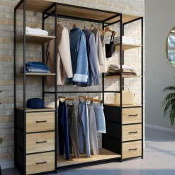 Dressing industriel double penderie bois et noir avec étagères et bacs