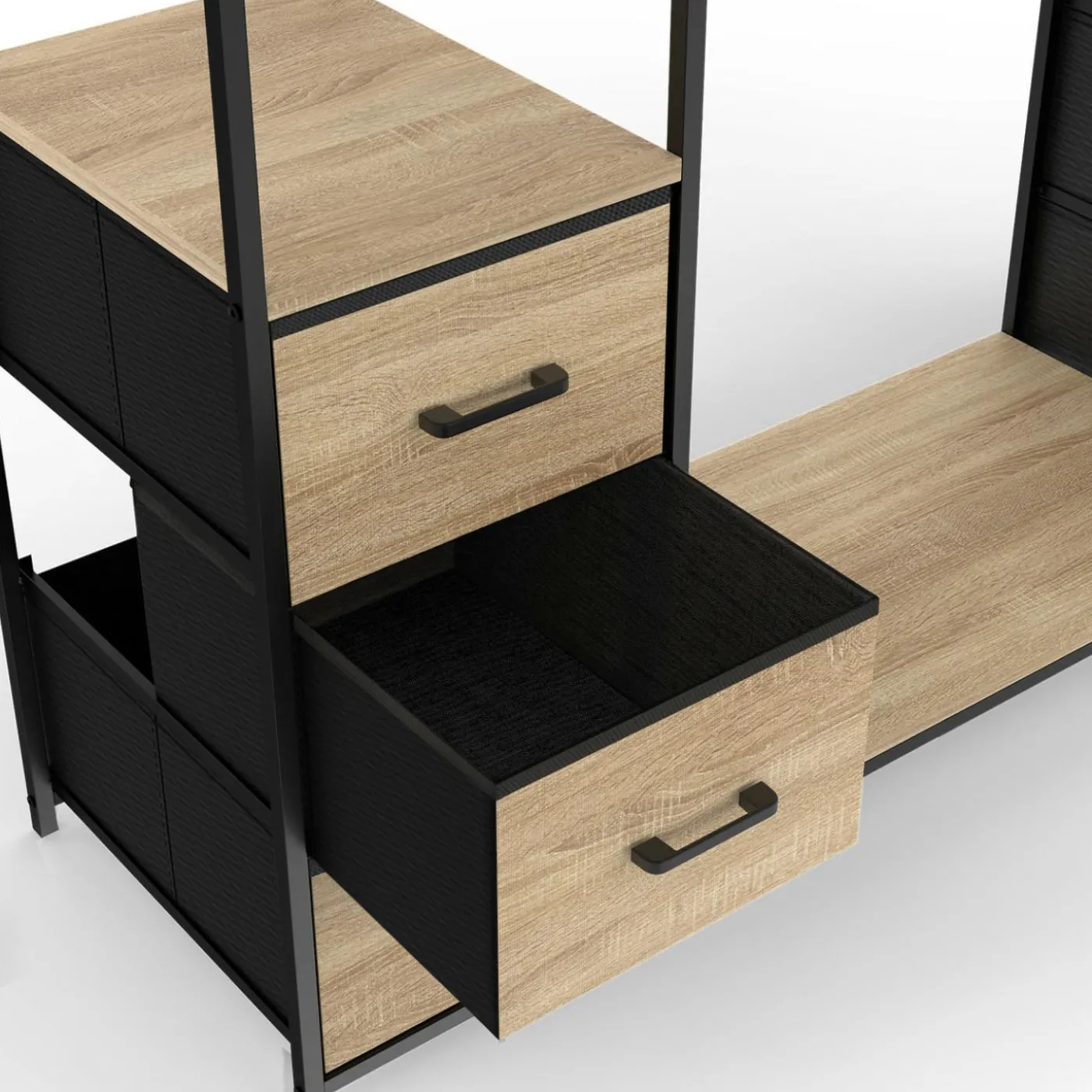 Dressing industriel double penderie bois et noir avec étagères et bacs