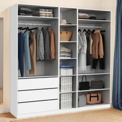Dressing modulable blanc avec 2 penderies, 10 étagères et 3 tiroirs
