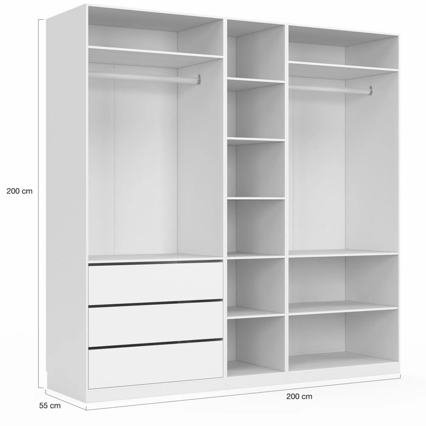 Dressing modulable blanc avec 2 penderies, 10 étagères et 3 tiroirs