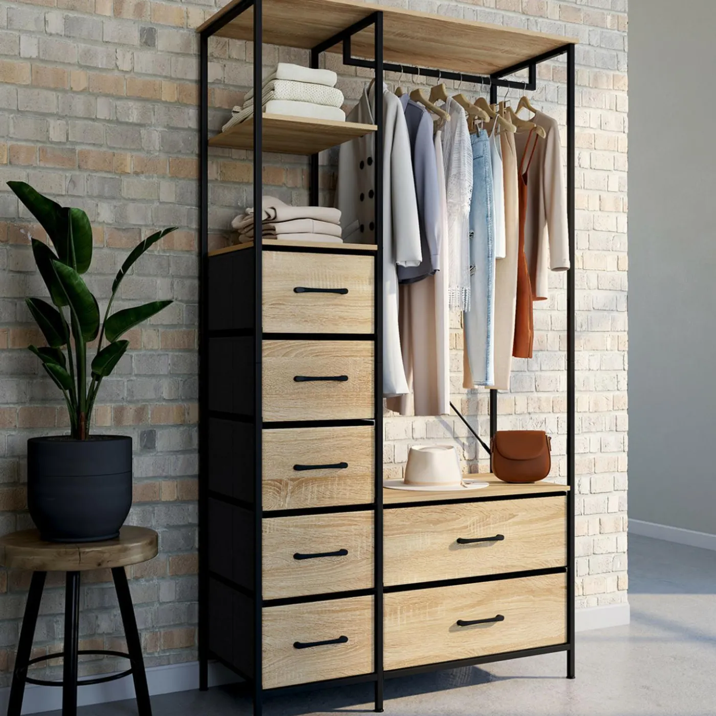 Dressing penderie + colonne avec 1 étagère et 7 bacs en tissu bois et noir L. 90 cm
