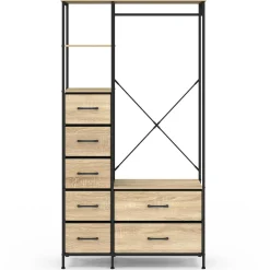 Dressing penderie + colonne avec 1 étagère et 7 bacs en tissu bois et noir L. 90 cm
