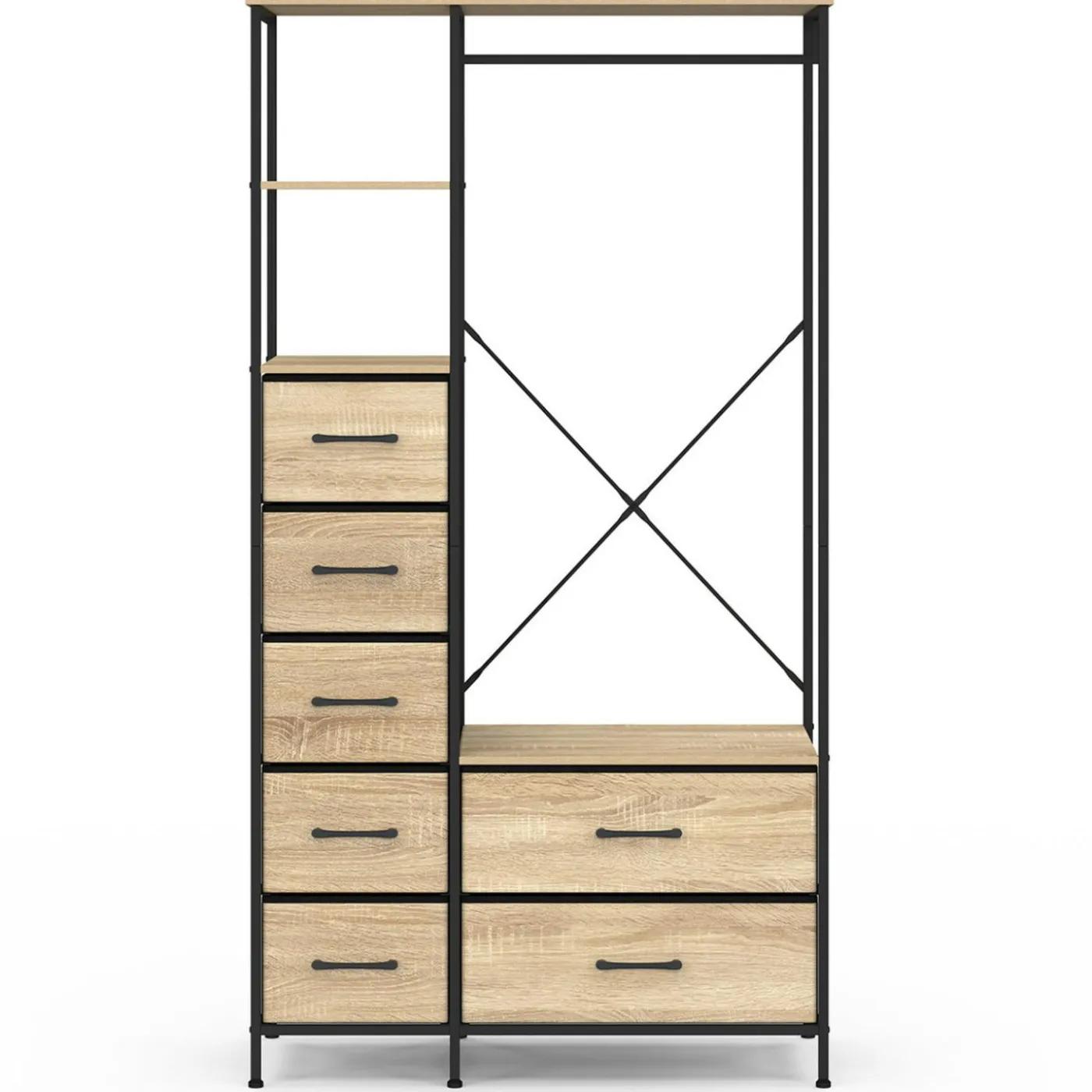 Dressing penderie + colonne avec 1 étagère et 7 bacs en tissu bois et noir L. 90 cm