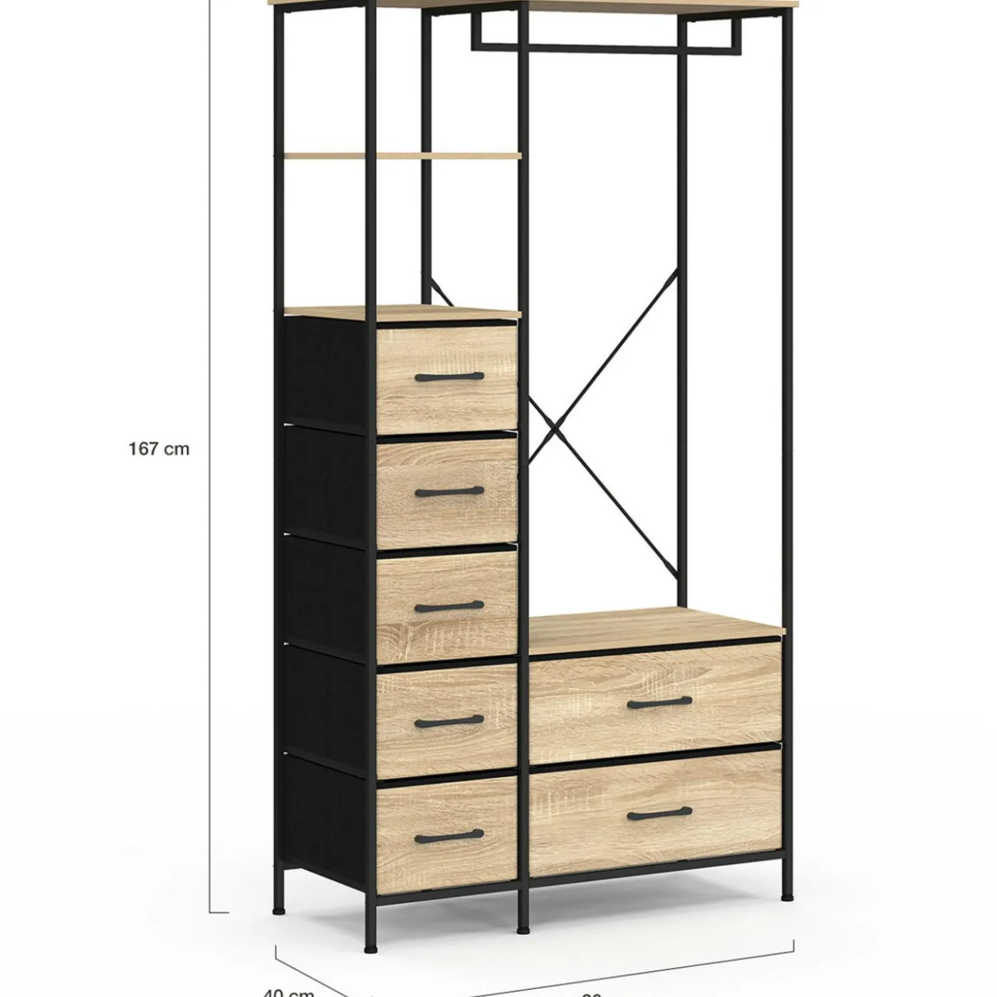 Dressing penderie + colonne avec 1 étagère et 7 bacs en tissu bois et noir L. 90 cm