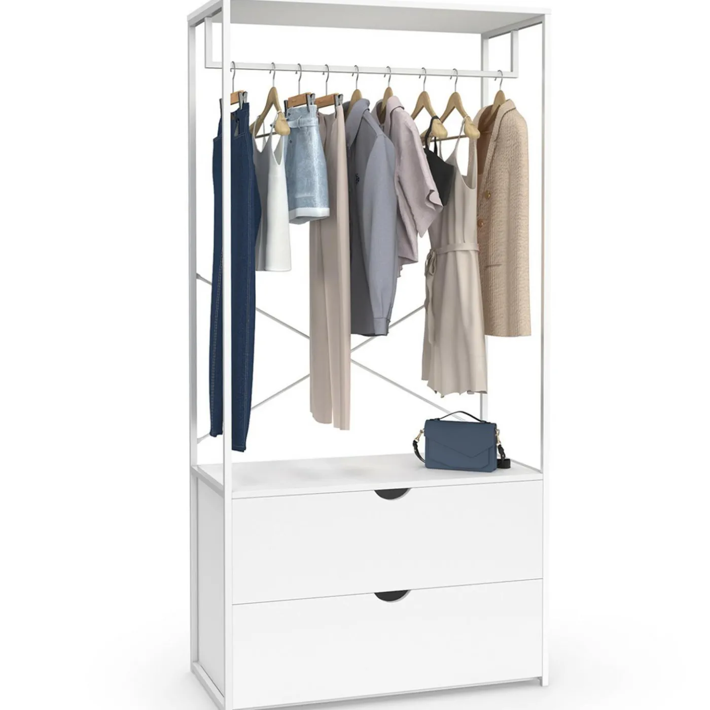 Dressing penderie 2 tiroirs bois blanc et métal blanc L. 80 cm