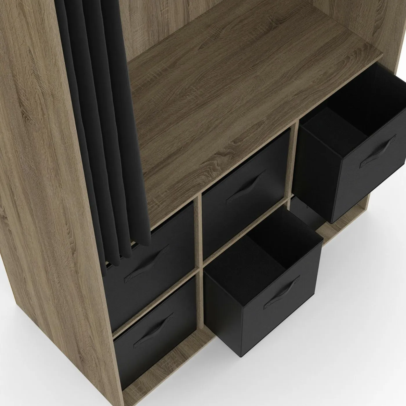 Dressing penderie 104 x 50 x 172 cm hêtre avec rideau noir et 6 boites de rangement