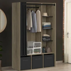 Dressing penderie avec rideau et étagères bois et noir