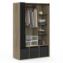 Dressing penderie avec rideau et étagères bois et noir