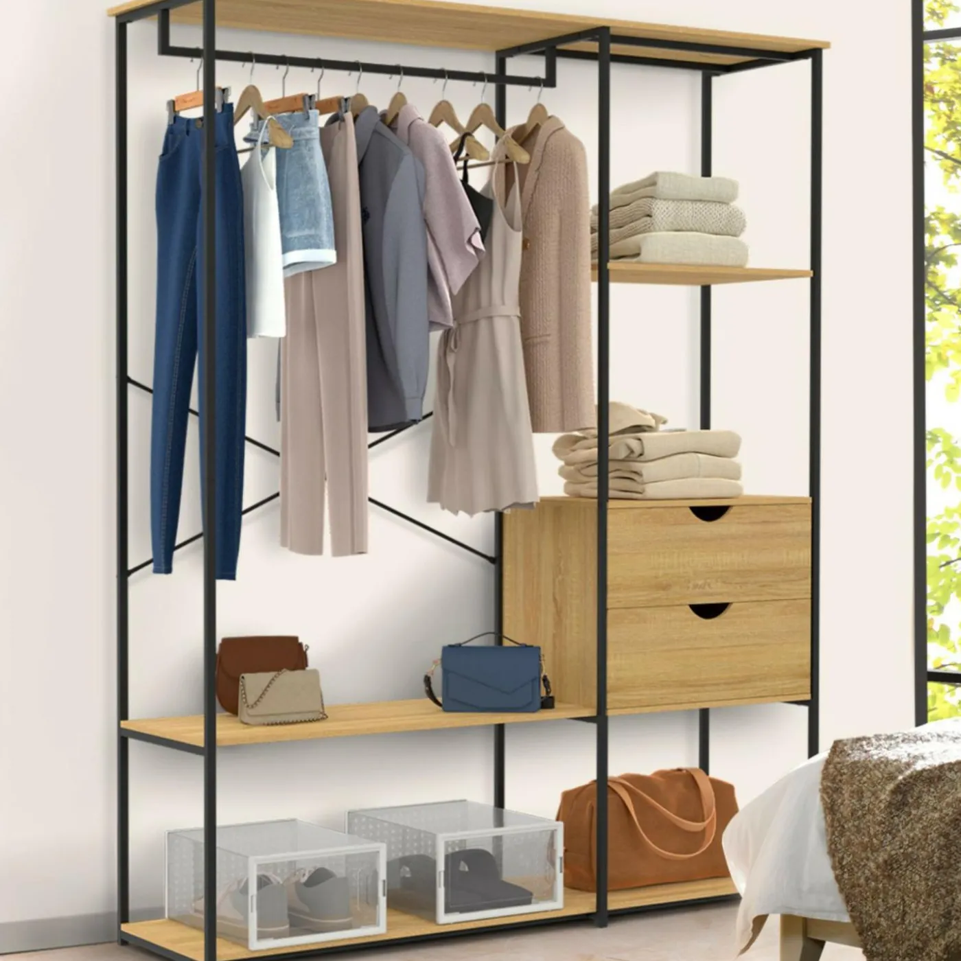 Dressing penderie avec étagères et 2 tiroirs L. 130 cm design industriel