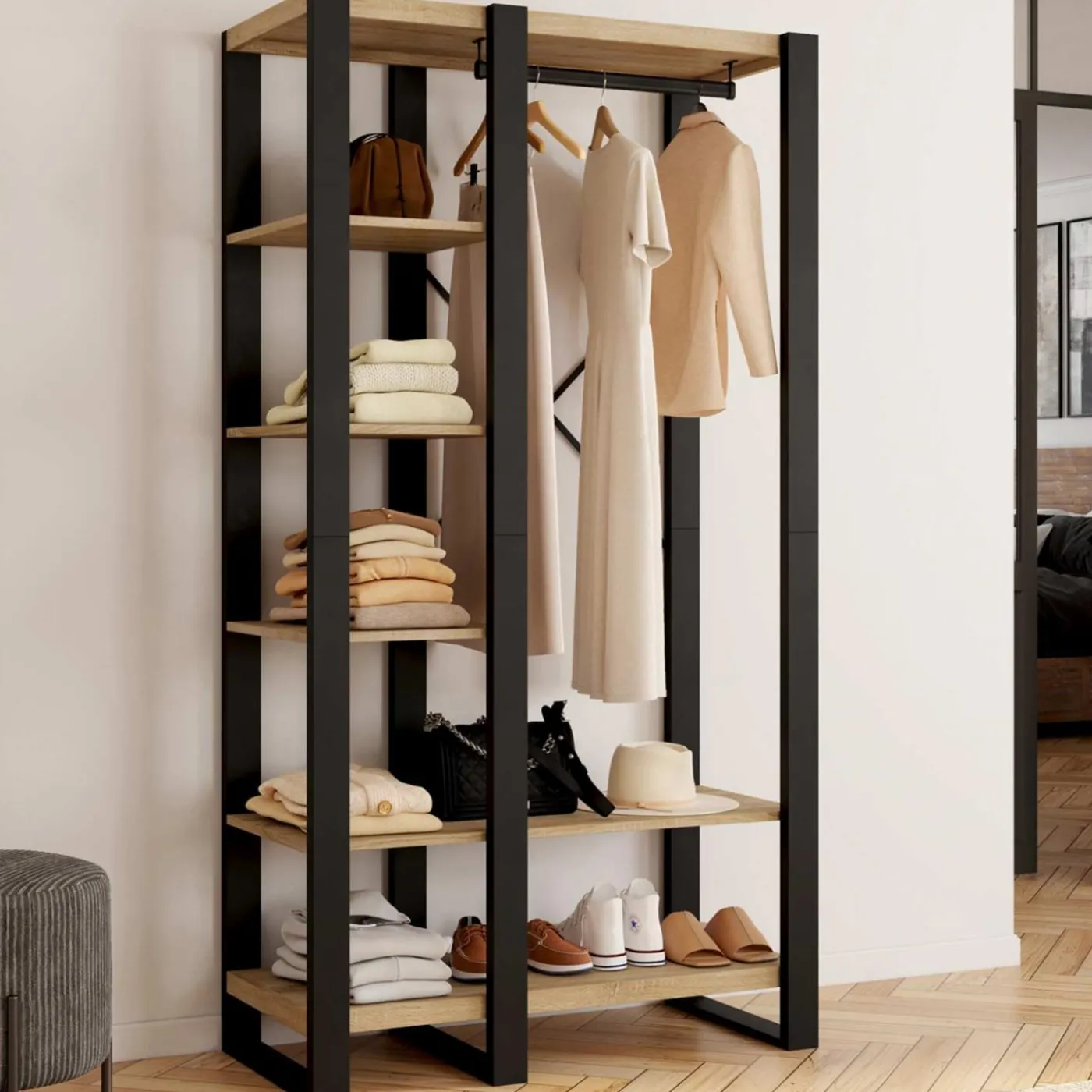 Dressing penderie avec étagère noir et bois 90 cm