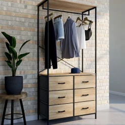 Dressing penderie industriel bois et noir avec 6 bacs