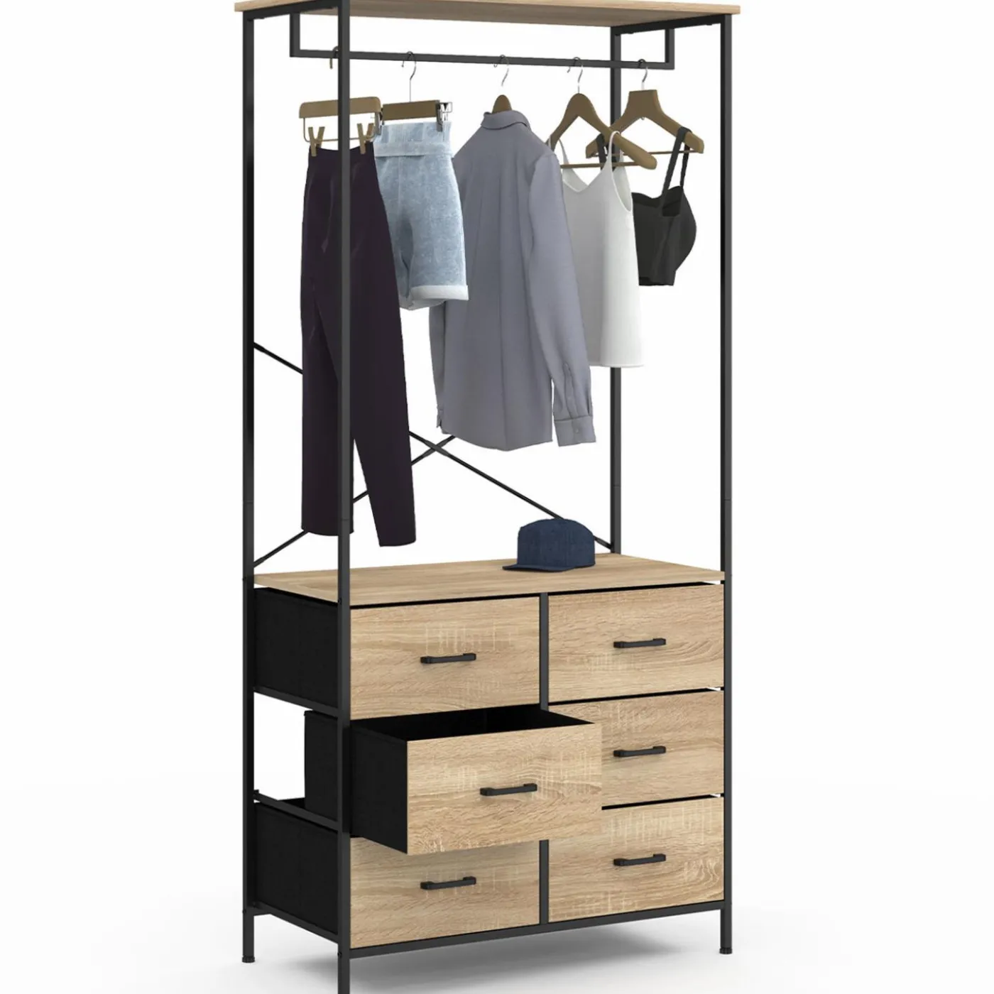Dressing penderie industriel bois et noir avec 6 bacs