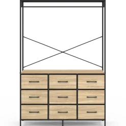 Dressing penderie L. 115 cm avec 9 bacs en tissu bois et noir