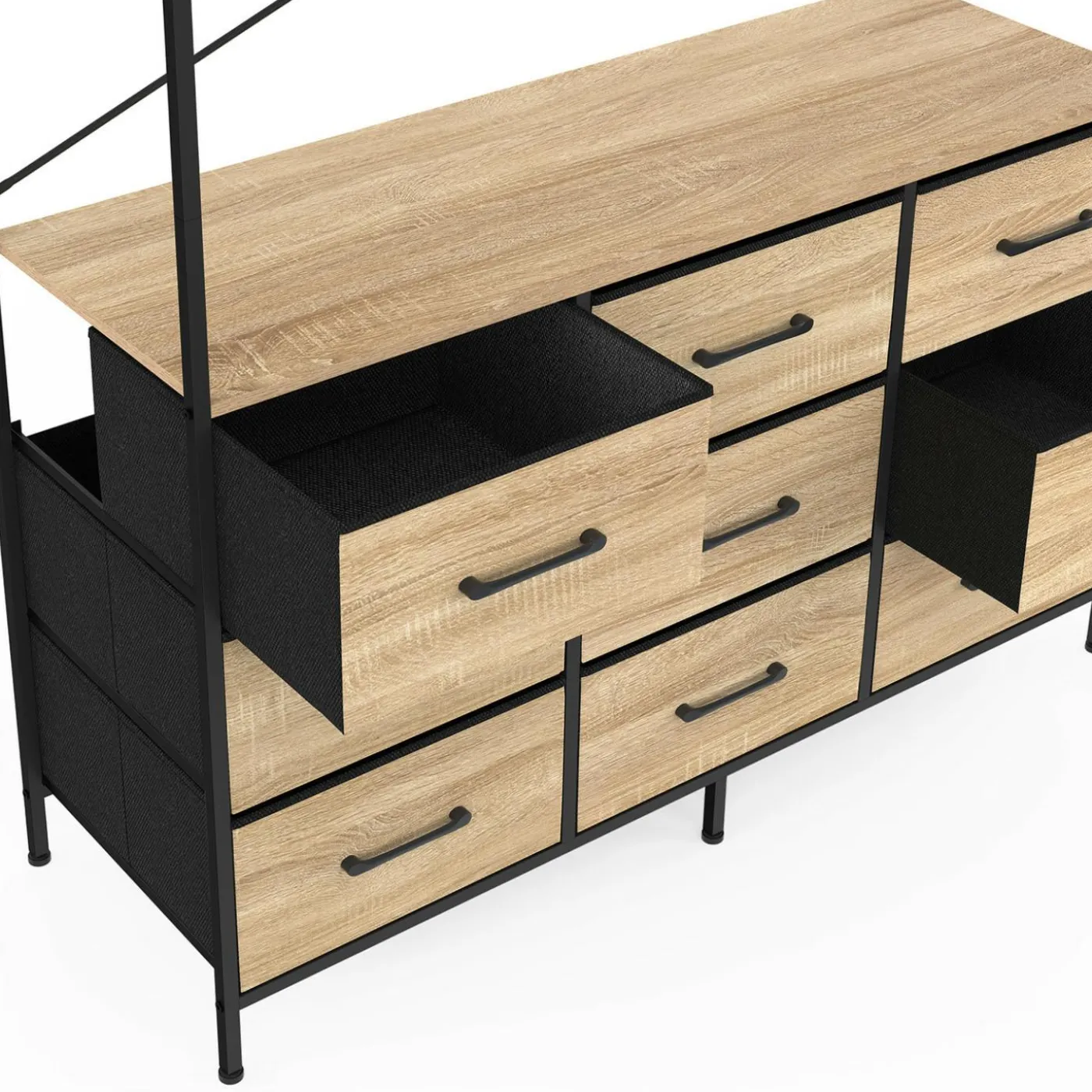 Dressing penderie L. 115 cm avec 9 bacs en tissu bois et noir