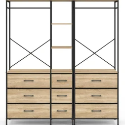 Dressing penderie modulable L. 150 cm XXL avec 3 étagères et 9 bacs en tissu bois et noir