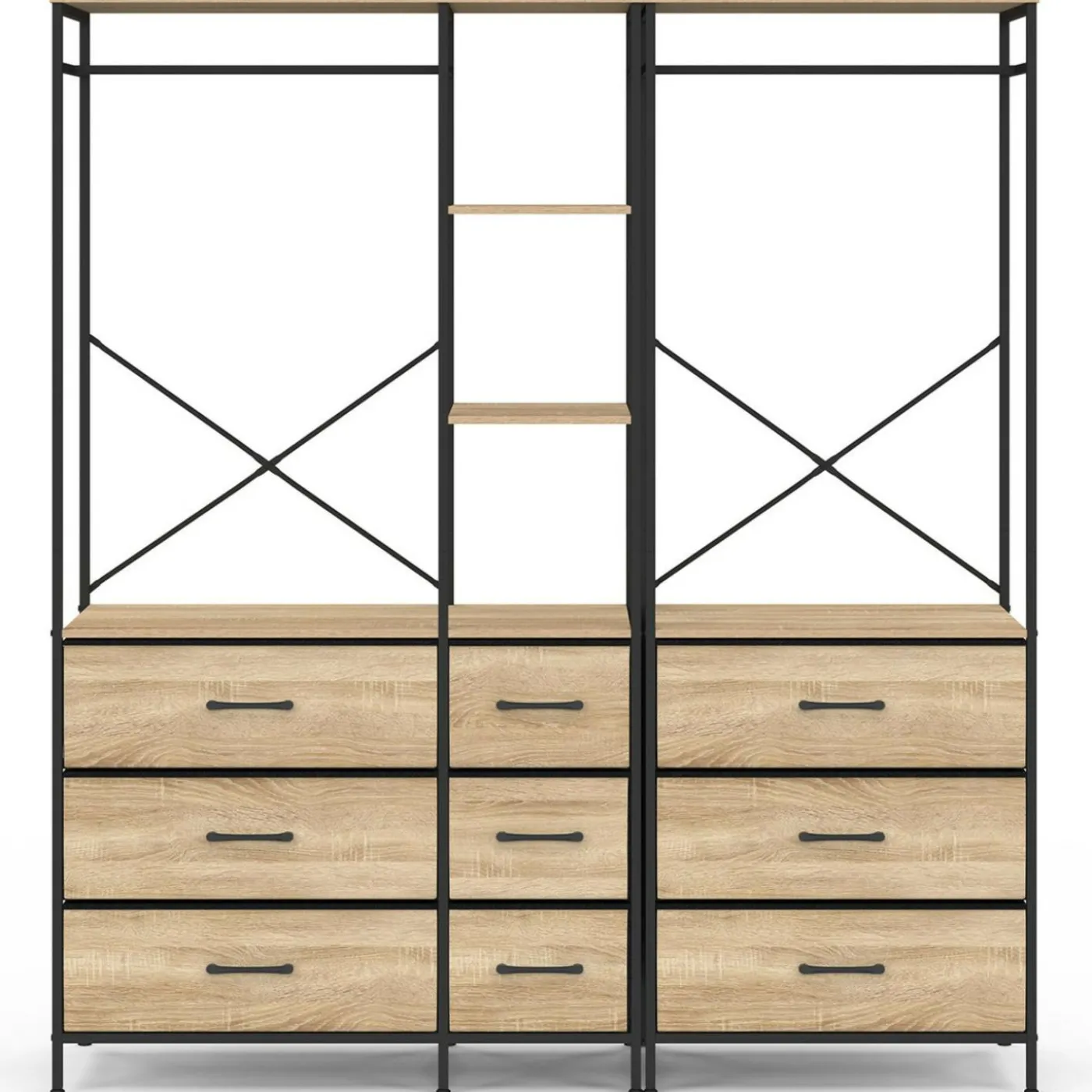 Dressing penderie modulable L. 150 cm XXL avec 3 étagères et 9 bacs en tissu bois et noir
