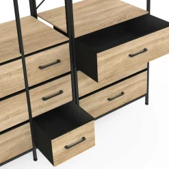 Dressing penderie modulable L. 150 cm XXL avec 3 étagères et 9 bacs en tissu bois et noir