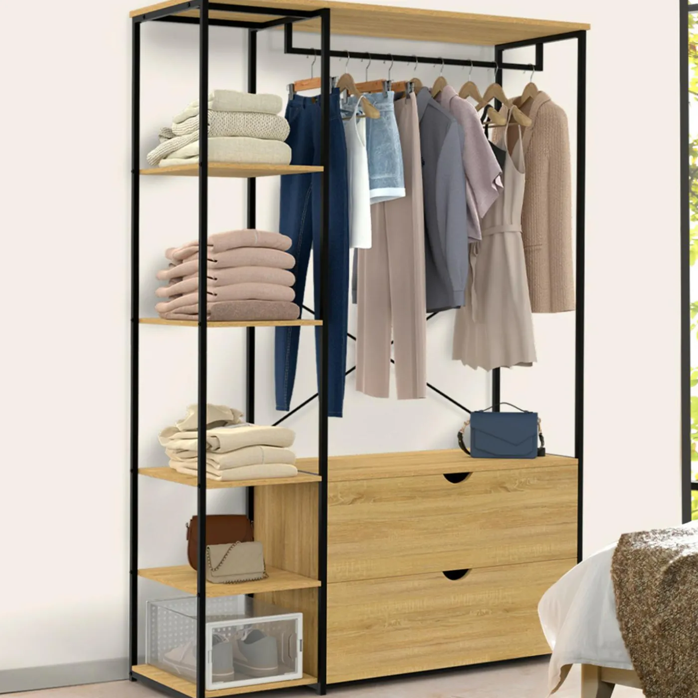 Dressing penderie étagères 2 tiroirs design industriel L. 113 cm