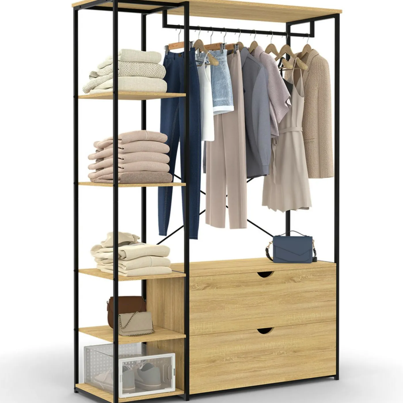 Dressing penderie étagères 2 tiroirs design industriel L. 113 cm