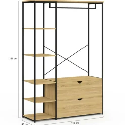 Dressing penderie étagères 2 tiroirs design industriel L. 113 cm