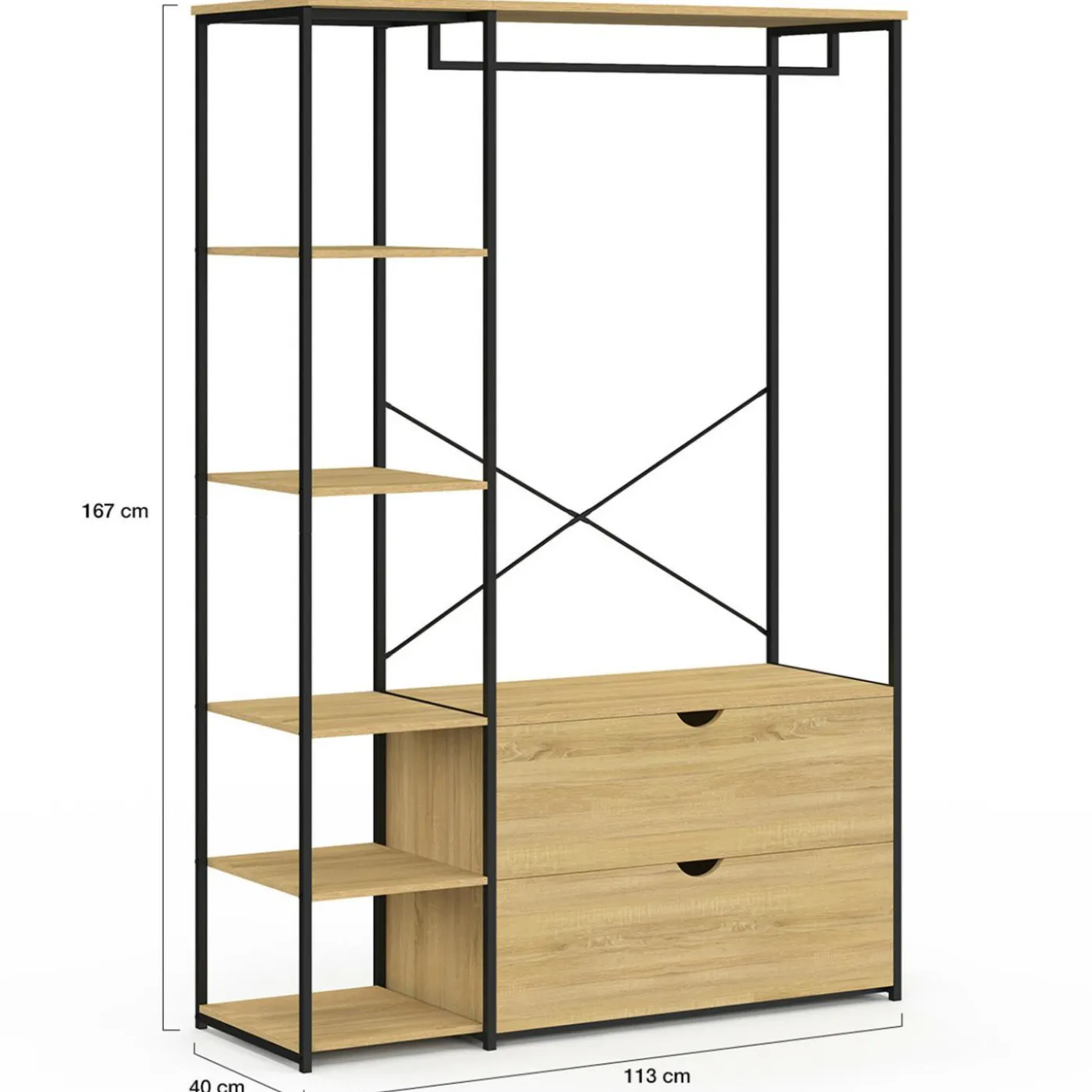 Dressing penderie étagères 2 tiroirs design industriel L. 113 cm