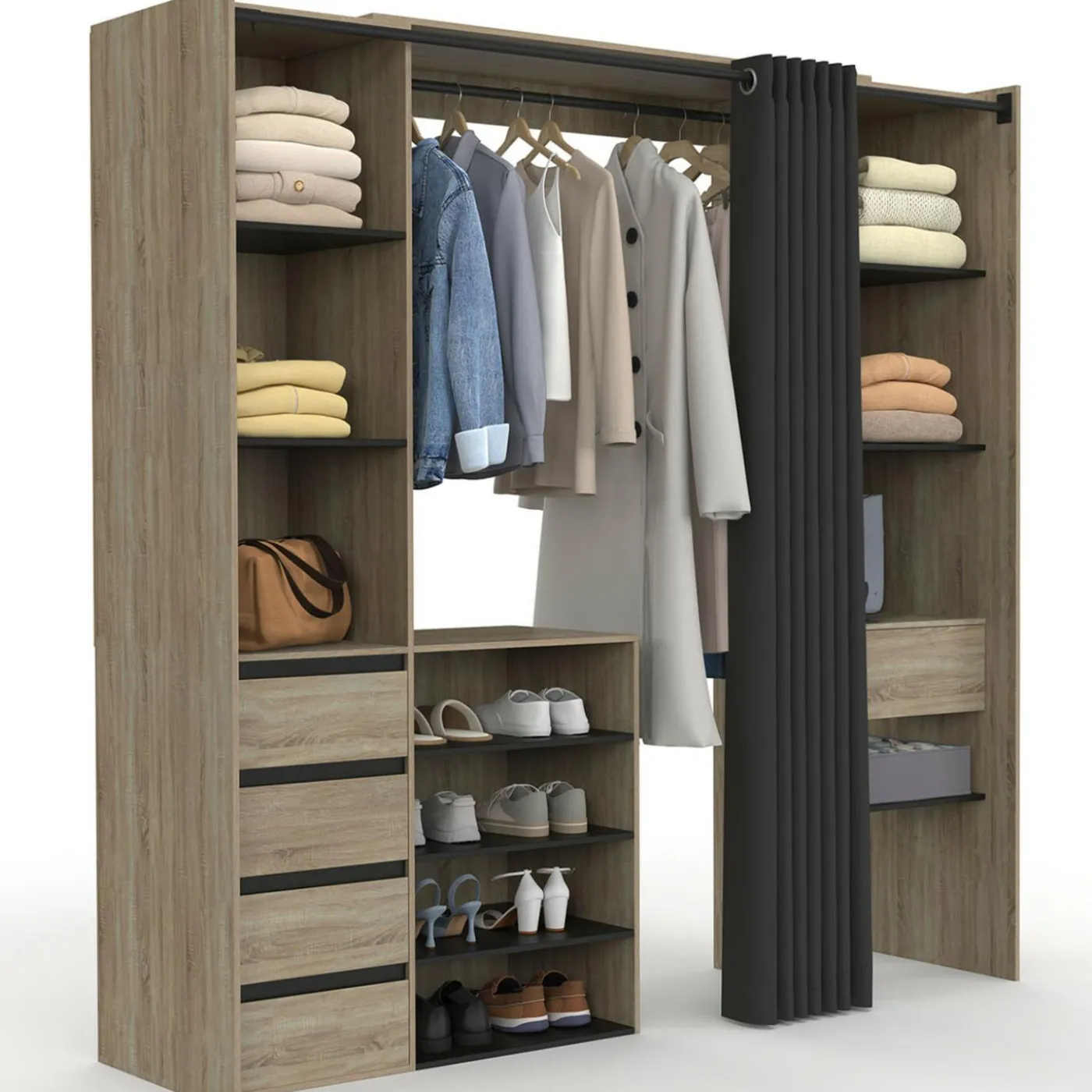Dressing XXL extensible 120/180 cm en hêtre avec penderie, étagères et tiroirs