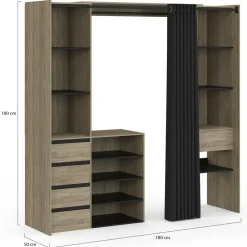 Dressing XXL extensible 120/180 cm en hêtre avec penderie, étagères et tiroirs