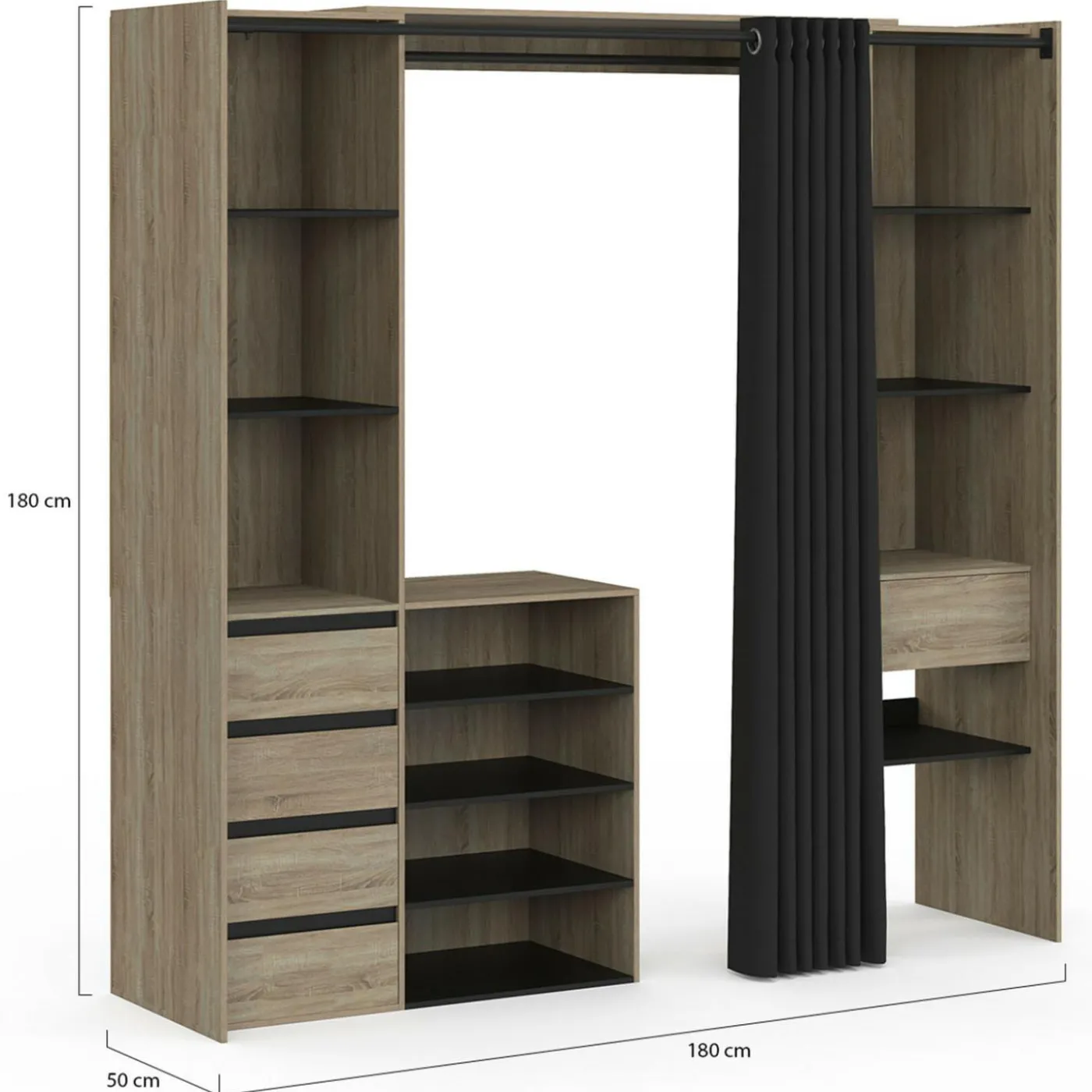 Dressing XXL extensible 120/180 cm en hêtre avec penderie, étagères et tiroirs