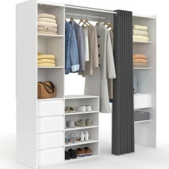 Dressing XXL extensible 120/180 cm blanc avec tiroirs + étagères + penderie + rideau gris
