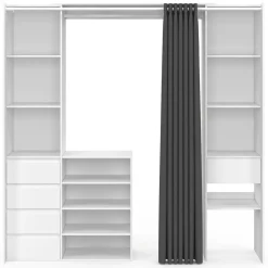 Dressing XXL extensible 120/180 cm blanc avec tiroirs + étagères + penderie + rideau gris