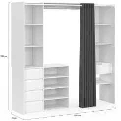 Dressing XXL extensible 120/180 cm blanc avec tiroirs + étagères + penderie + rideau gris