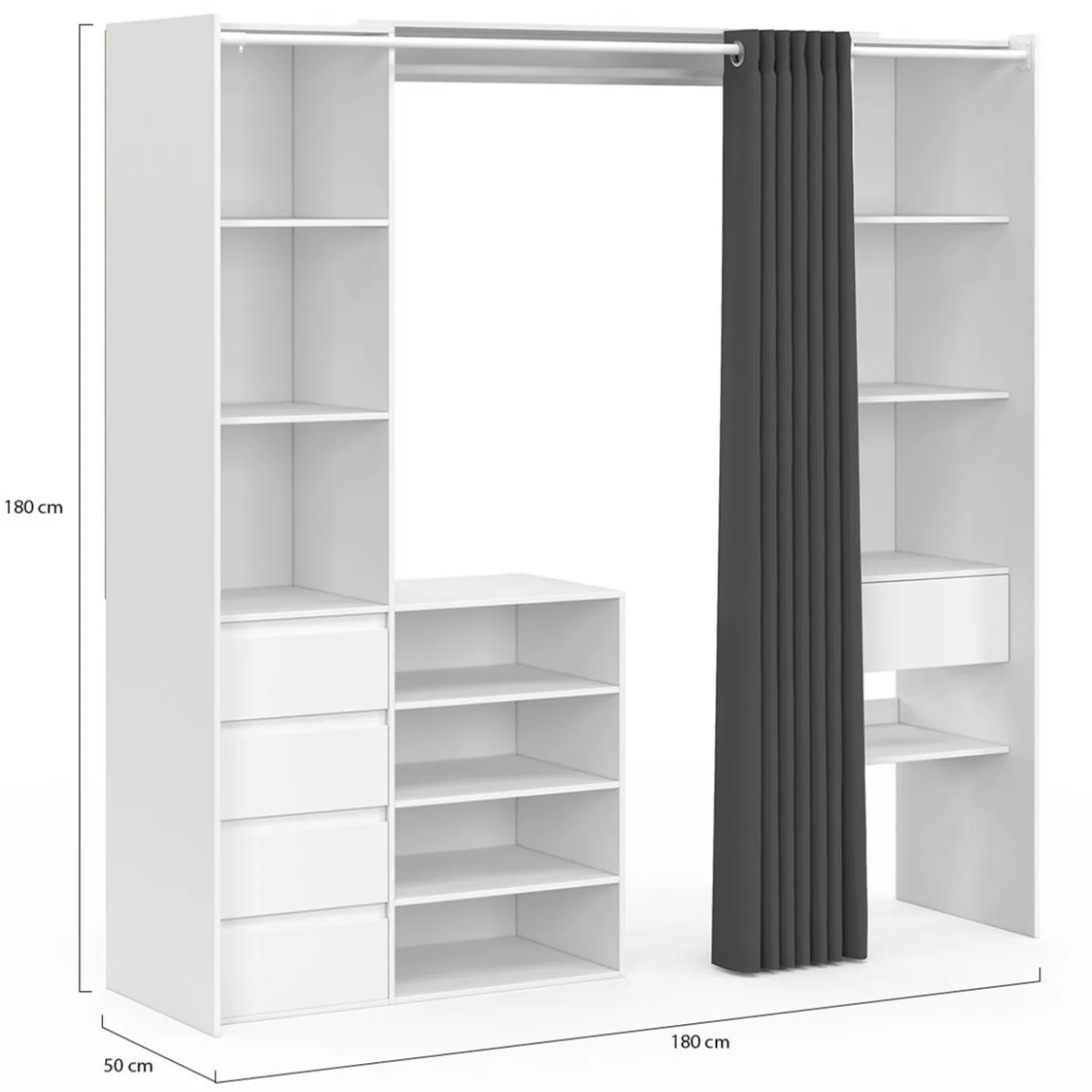 Dressing XXL extensible 120/180 cm blanc avec tiroirs + étagères + penderie + rideau gris