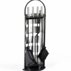Ensemble d'accessoires de cheminée noir inox avec support