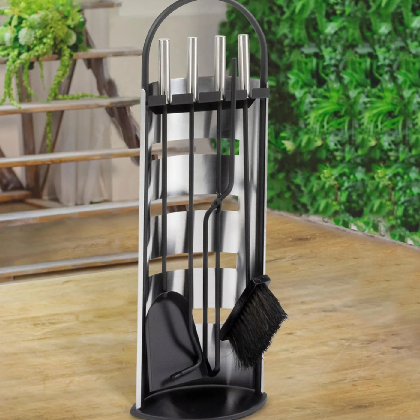 Ensemble d'accessoires de cheminée noir inox avec support