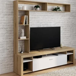 Ensemble meuble télé 170 cm avec étagères bois et placard blanc