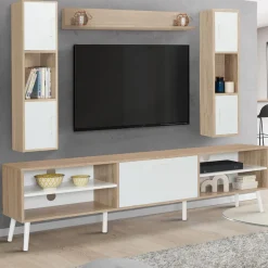 Ensemble meuble télé avec étagères murales bois et blanc