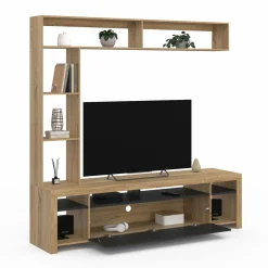 Ensemble meuble télé de 170 cm avec des étagères en bois et un placard noir