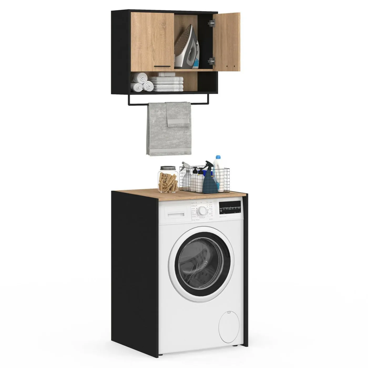 Ensemble meubles de buanderie pour machine à laver noir et hêtre