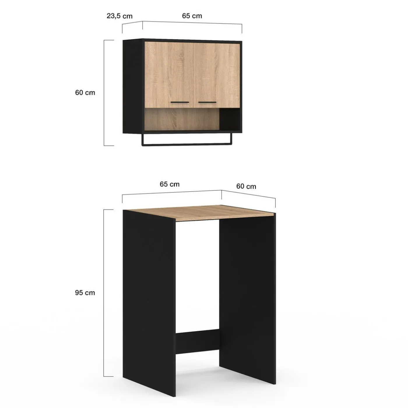 Ensemble meubles de buanderie pour machine à laver noir et hêtre