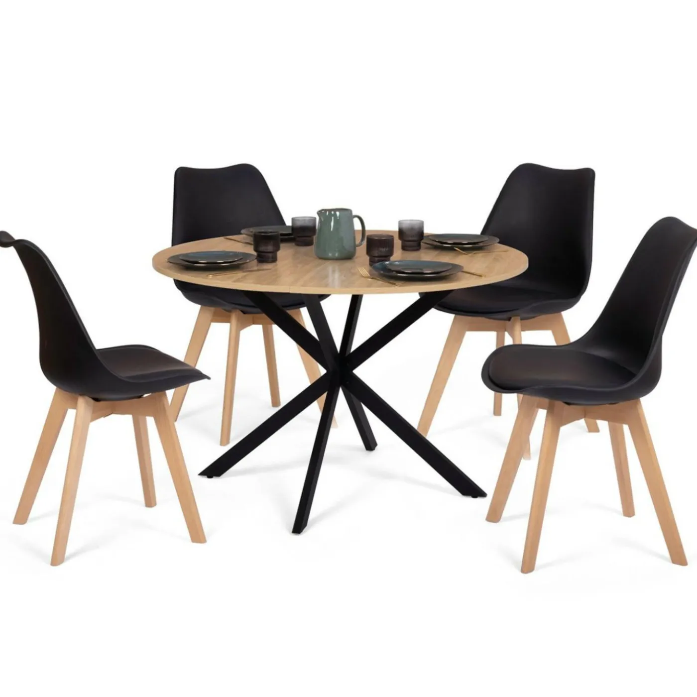 Ensemble table à manger ronde 110 cm bois et noir et 4 chaises noires