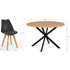 Ensemble table à manger ronde 110 cm bois et noir et 4 chaises noires