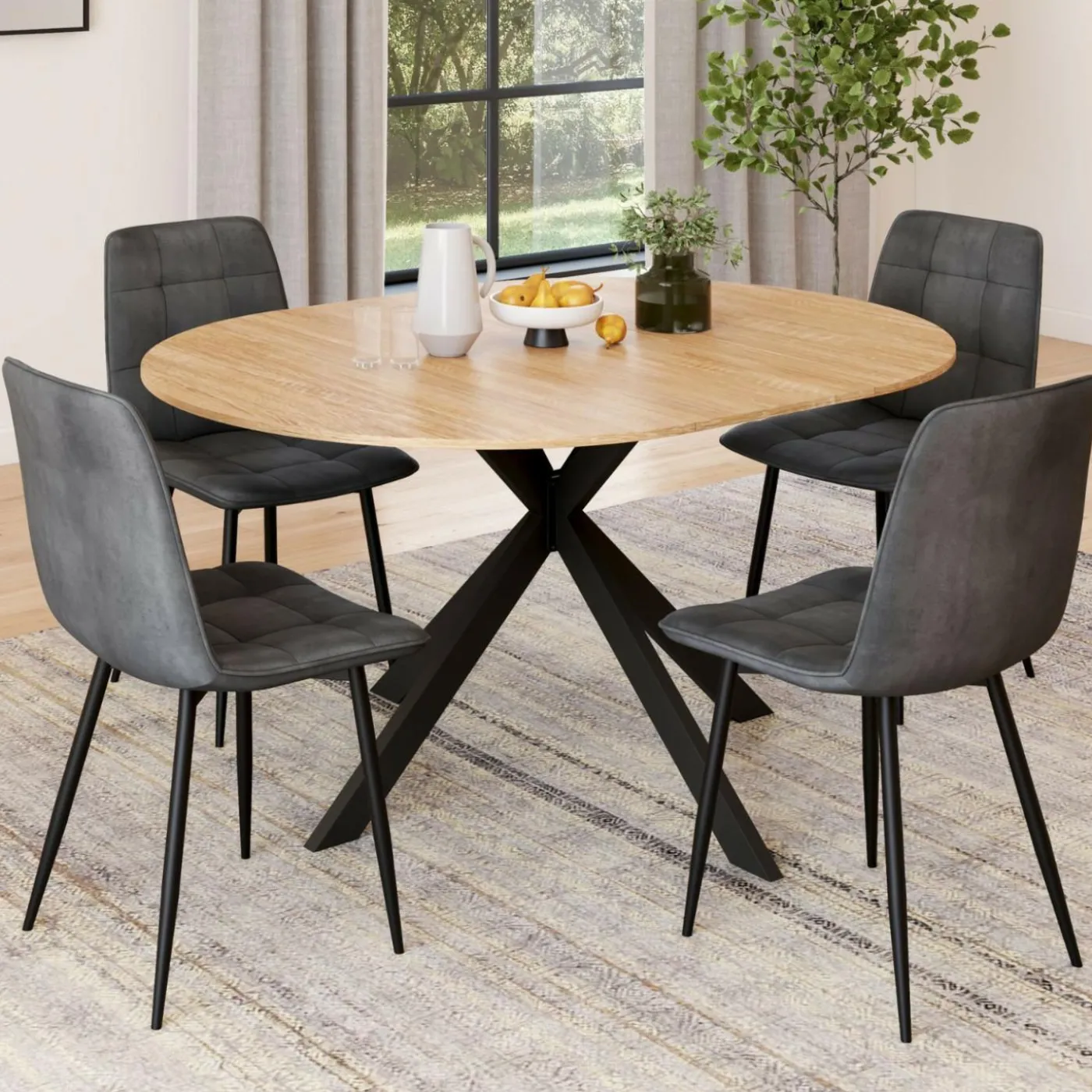 Ensemble table à manger ronde extensible 110 - 150 cm et 4 chaises en velours gris foncé