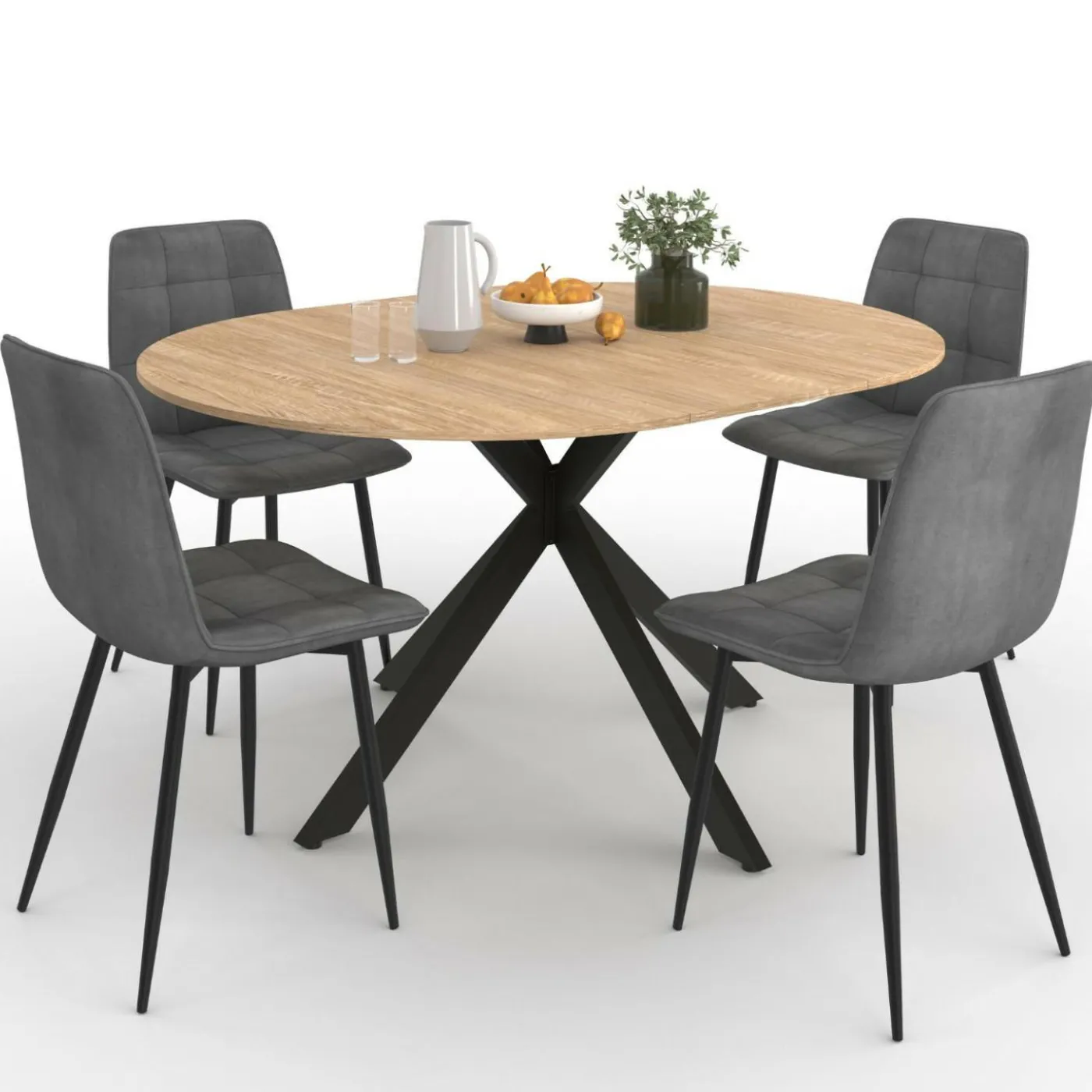 Ensemble table à manger ronde extensible 110 - 150 cm et 4 chaises en velours gris foncé