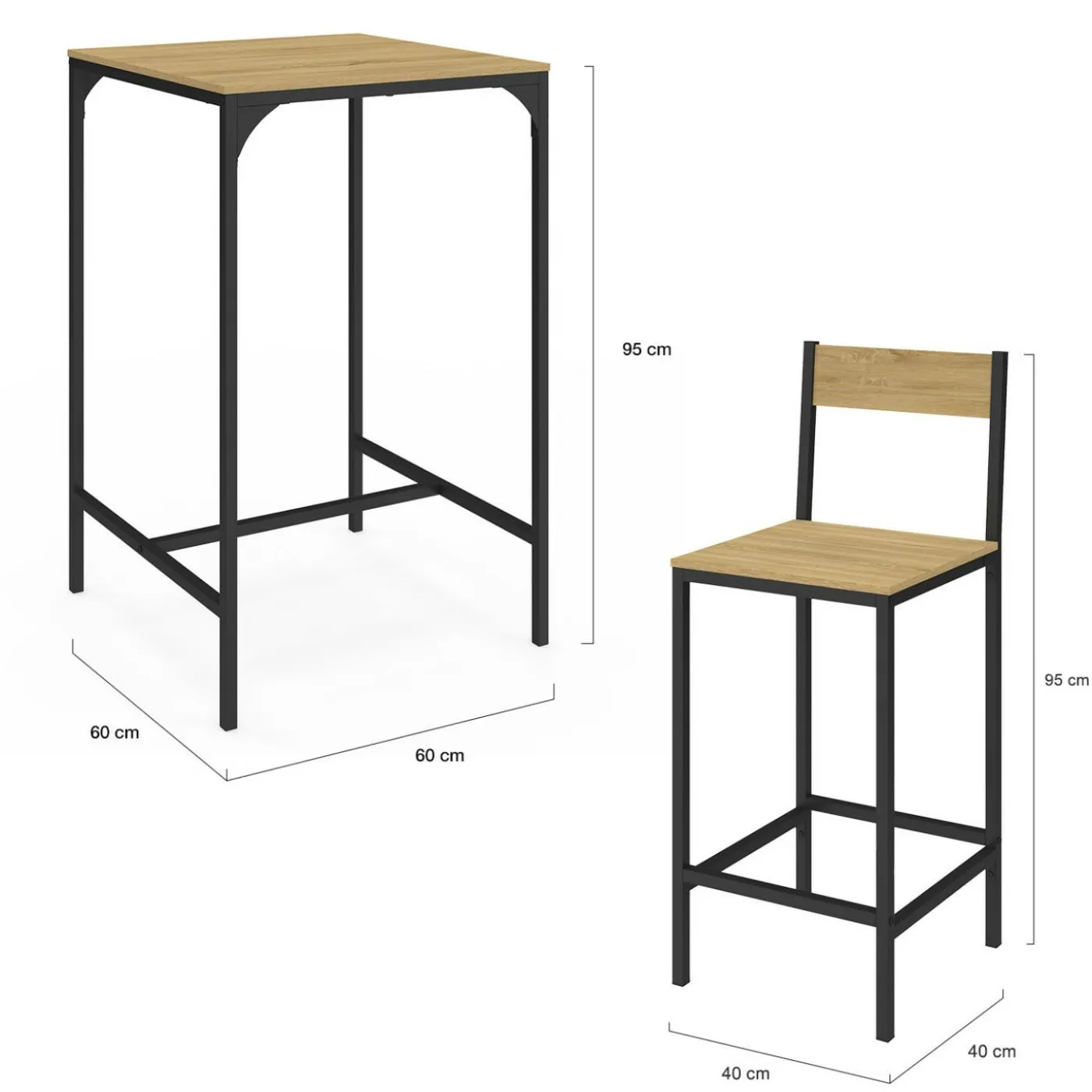 Ensemble table de bar carrée 60 cm et 2 chaises de bar design industriel