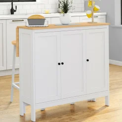 Ensemble table de bar ilot et 2 tabourets bois blanc plateau façon hêtre