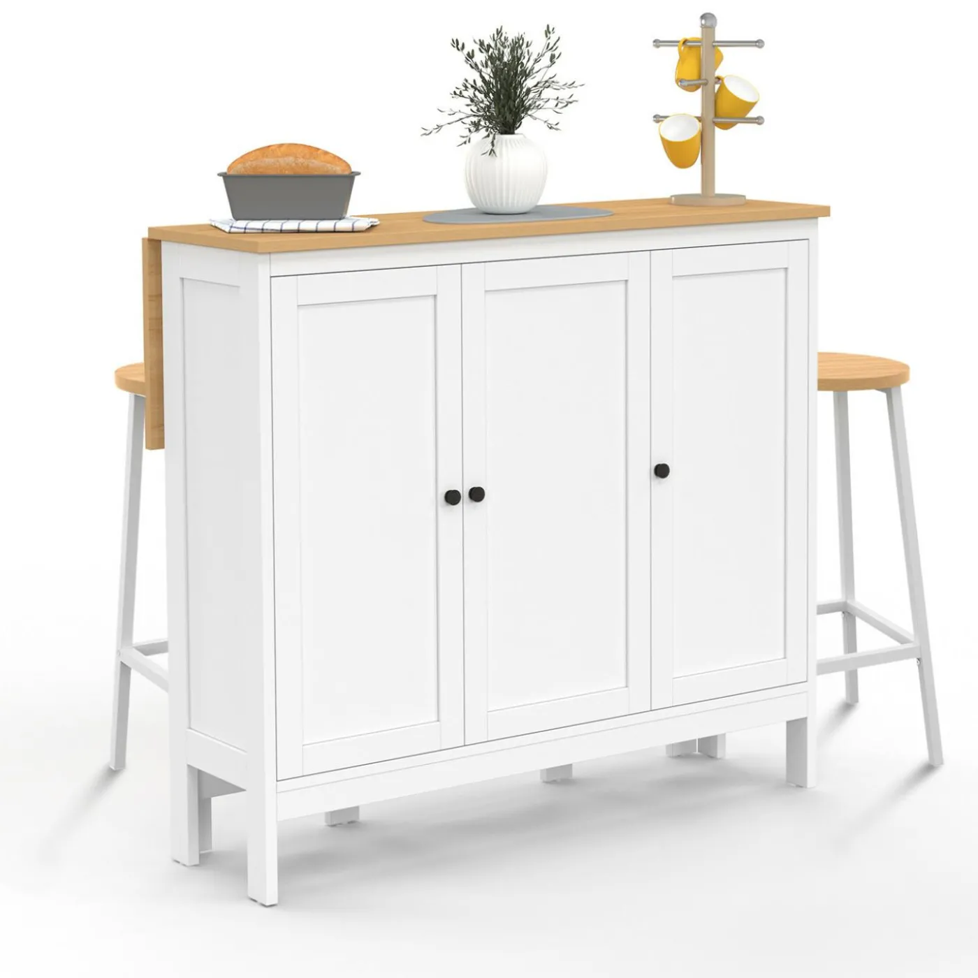 Ensemble table de bar ilot et 2 tabourets bois blanc plateau façon hêtre