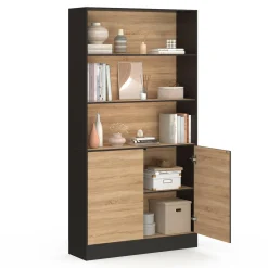 Etagère bibliothèque 3 niveaux XXL 1 placard noir et effet bois 190 cm