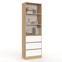 Etagère bibliothèque 3 niveaux 3 tiroirs blanc et effet bois
