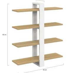 Etagère murale avec étagères coulissantes ORA 4 niveaux façon hêtre et blanc