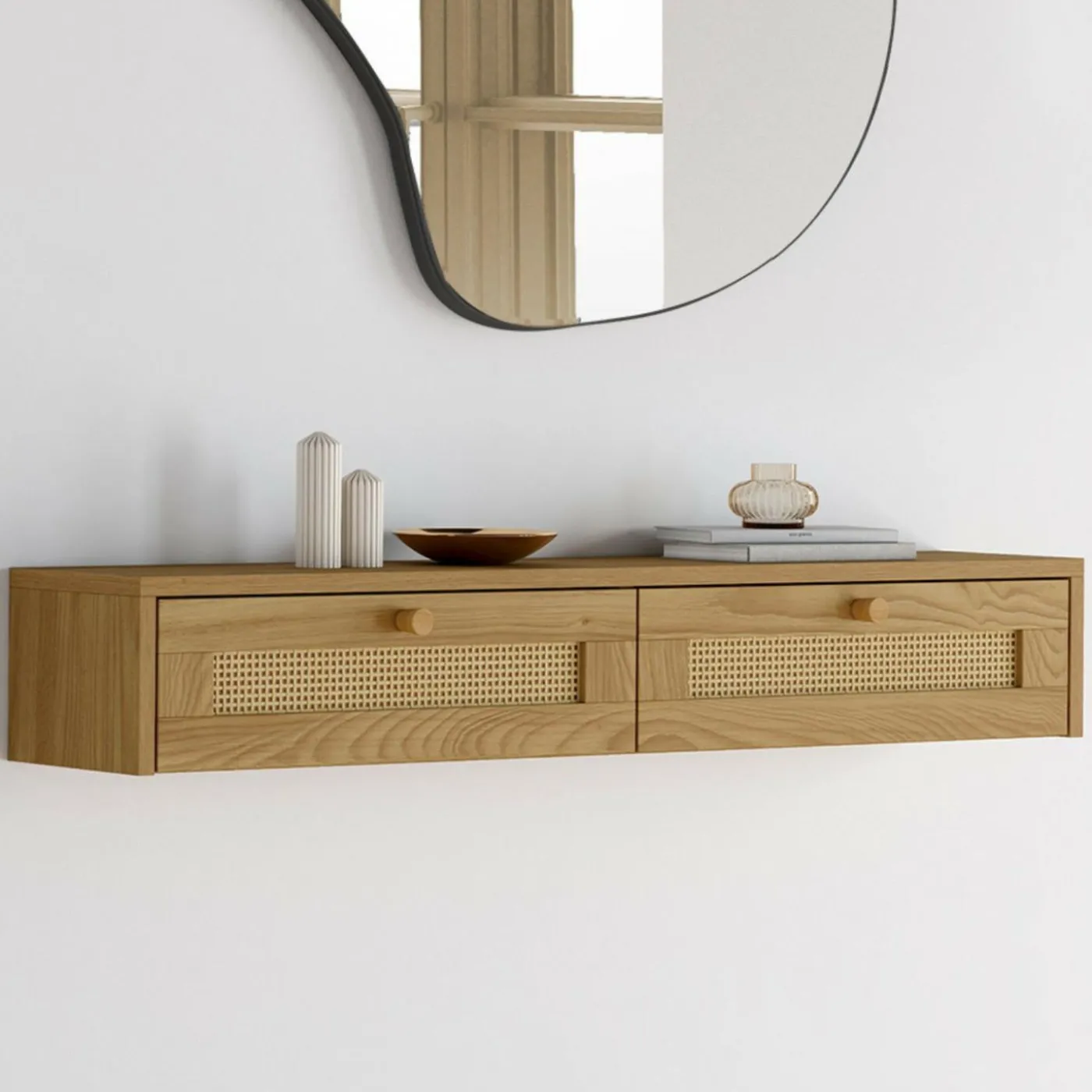 Etagère murale console d'entrée 2 tiroirs effet naturel cannage